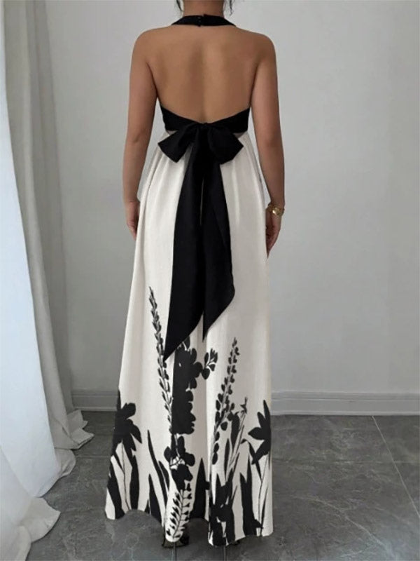 Vacation Dresses Maxi Backless Lace Up Sleeveless Floral Print Halter Elegant White Dress