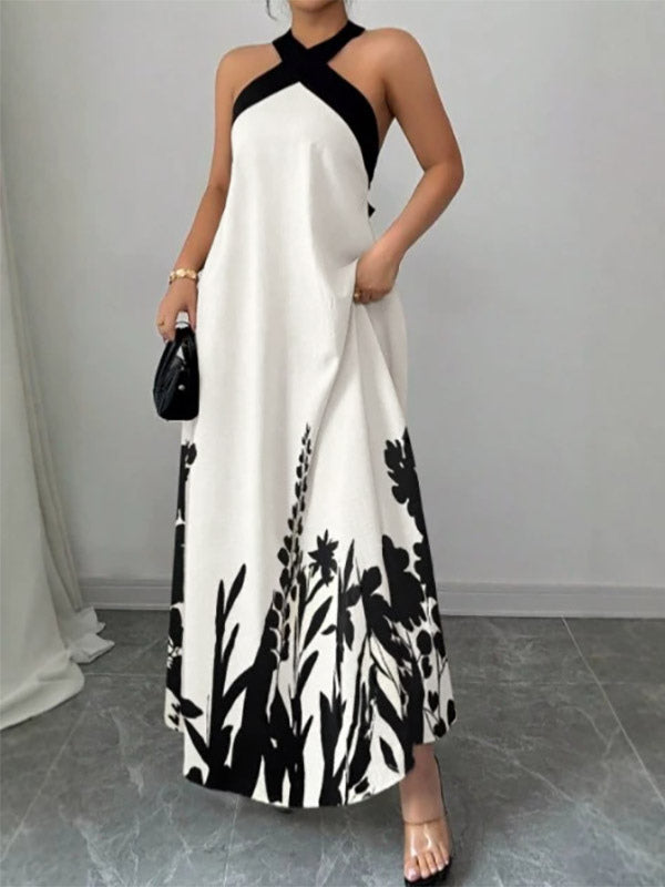 Vacation Dresses Maxi Backless Lace Up Sleeveless Floral Print Halter Elegant White Dress