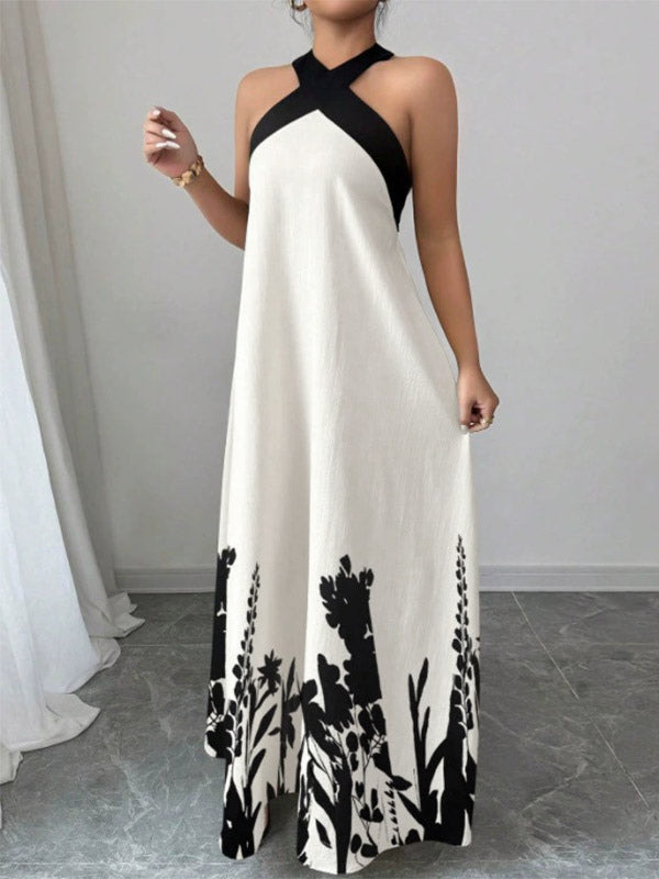 Vacation Dresses Maxi Backless Lace Up Sleeveless Floral Print Halter Elegant White Dress