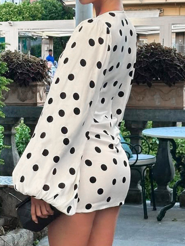Date Night Dresses Mini Pleated Long Sleeves Polka Dot V-Neck Flared Sleeves Elegant Dress