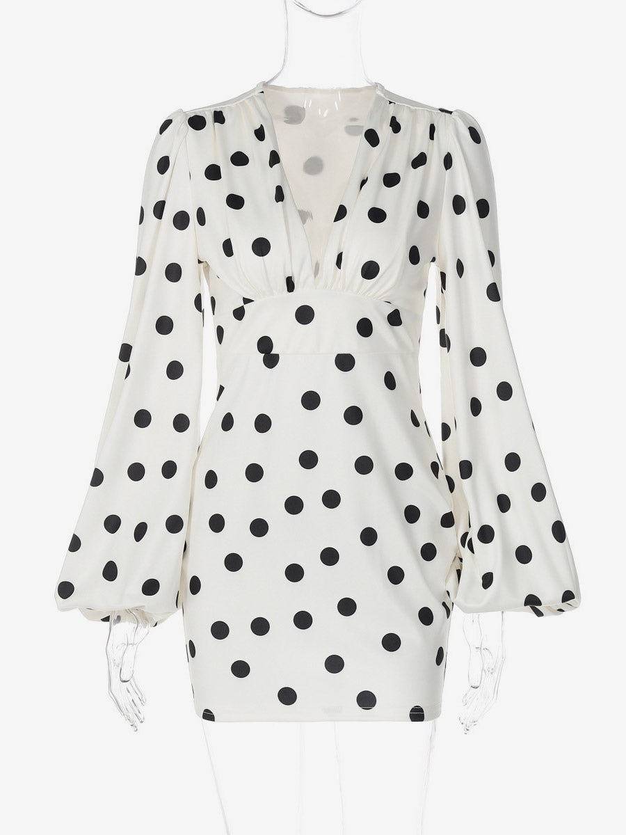 Date Night Dresses Mini Pleated Long Sleeves Polka Dot V-Neck Flared Sleeves Elegant Dress