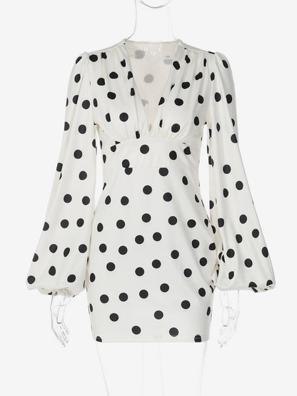 Date Night Dresses Mini Pleated Long Sleeves Polka Dot V-Neck Flared Sleeves Elegant Dress