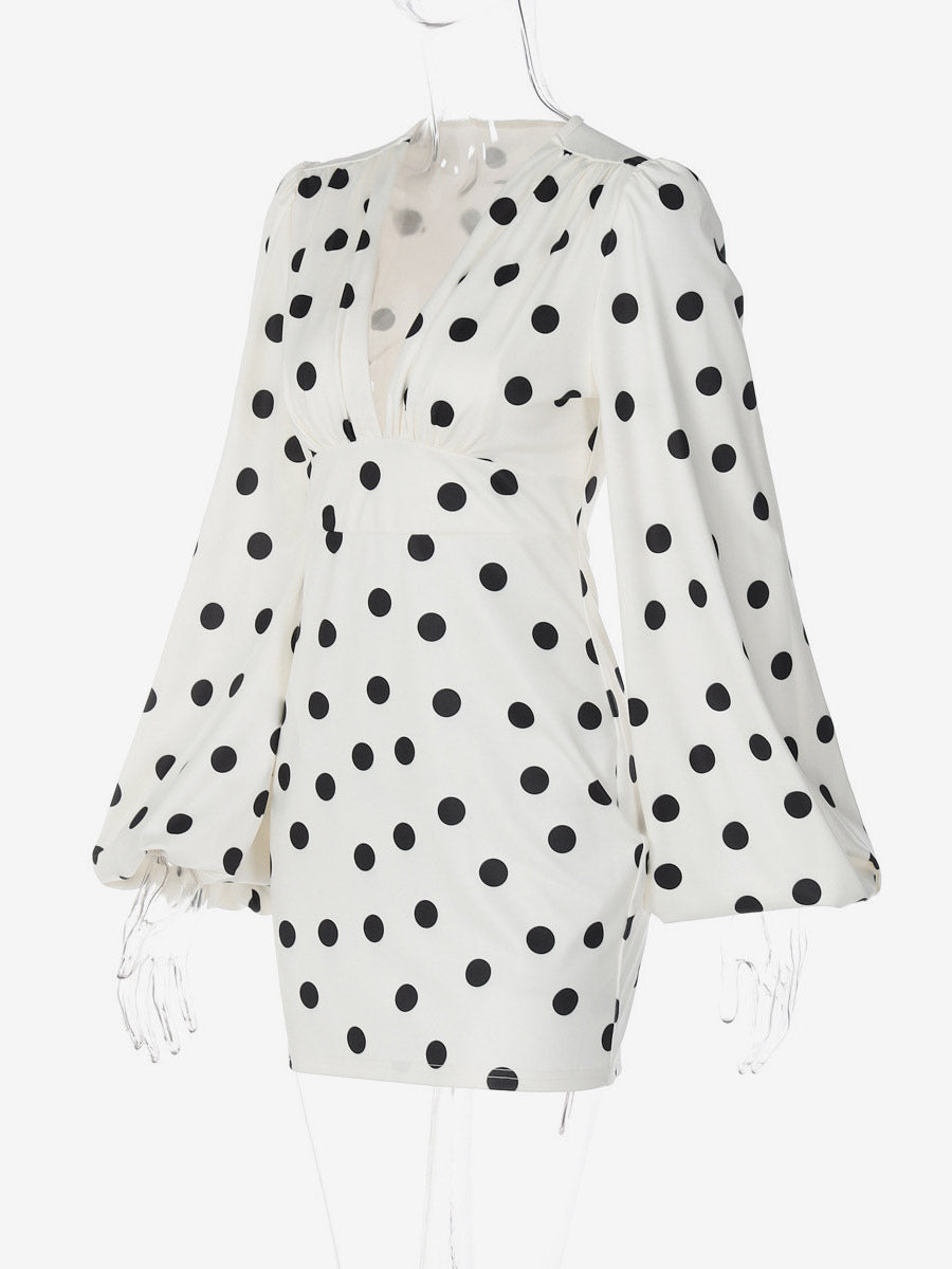 Date Night Dresses Mini Pleated Long Sleeves Polka Dot V-Neck Flared Sleeves Elegant Dress