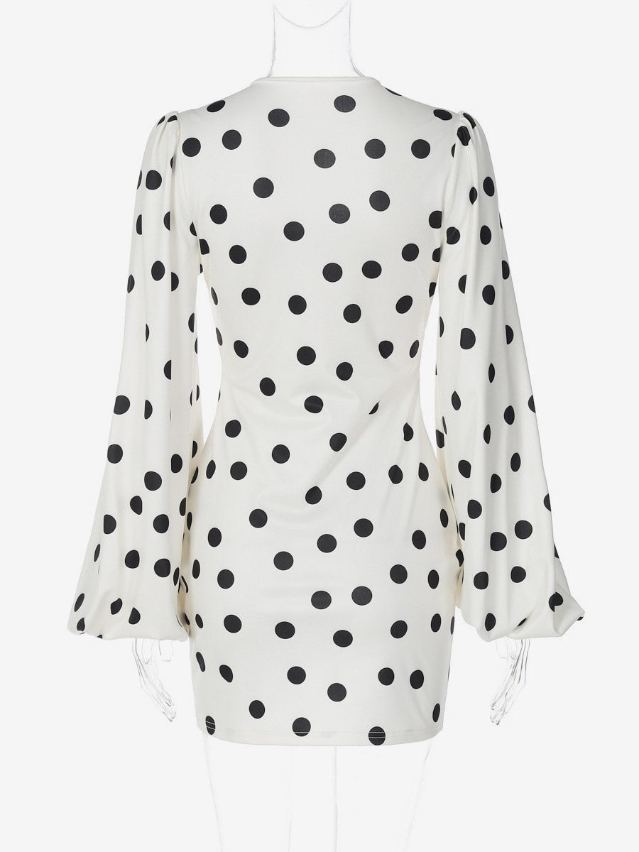 Date Night Dresses Mini Pleated Long Sleeves Polka Dot V-Neck Flared Sleeves Elegant Dress