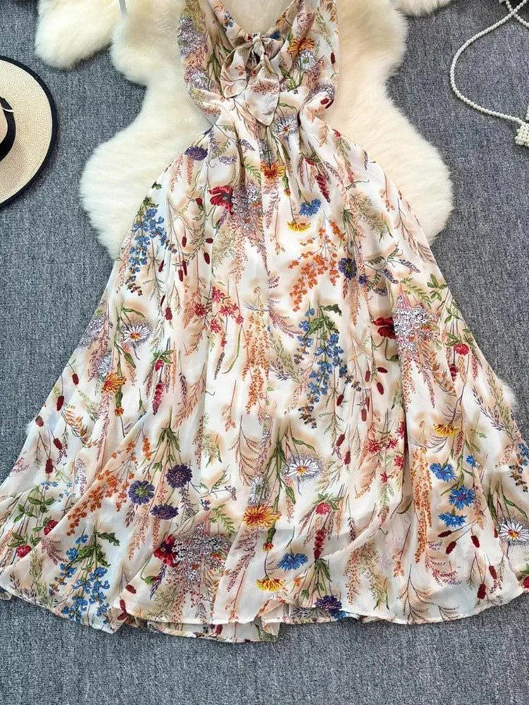 Vacation Dresses Maxi Backless Flowers Strappy Sleeveless Floral Print Straps Neck Chic Apricot Dress