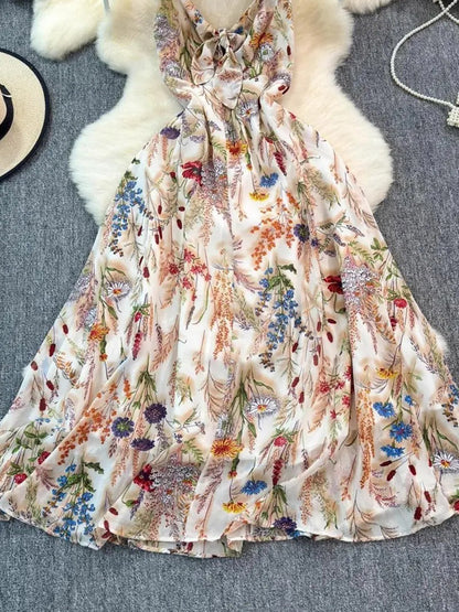 Vacation Dresses Maxi Backless Flowers Strappy Sleeveless Floral Print Straps Neck Chic Apricot Dress