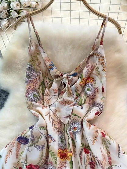 Vacation Dresses Maxi Backless Flowers Strappy Sleeveless Floral Print Straps Neck Chic Apricot Dress