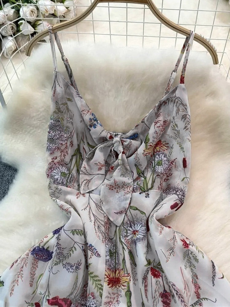 Vacation Dresses Maxi Backless Flowers Strappy Sleeveless Floral Print Straps Neck Chic Apricot Dress