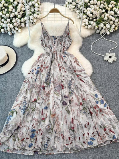 Vacation Dresses Maxi Backless Flowers Strappy Sleeveless Floral Print Straps Neck Chic Apricot Dress