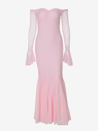 Party Dress Maxi Pink Off-The-Shoulder Lace Long Sleeves Pleated Chic Semi Formal Dress