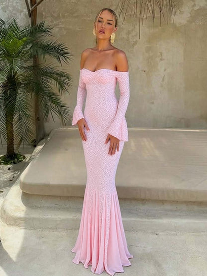 Party Dress Maxi Pink Off-The-Shoulder Lace Long Sleeves Pleated Chic Semi Formal Dress