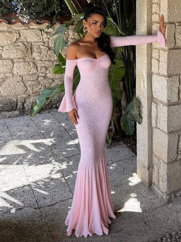 Party Dress Maxi Pink Off-The-Shoulder Lace Long Sleeves Pleated Chic Semi Formal Dress