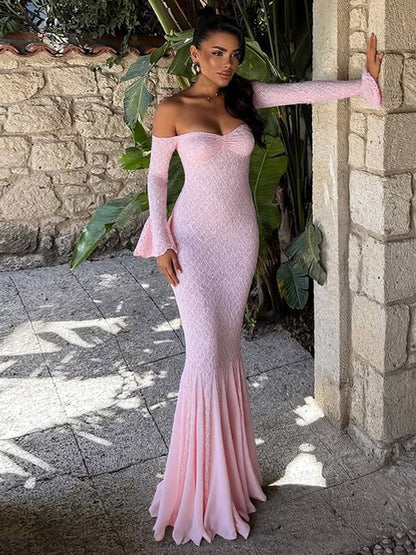 Party Dress Maxi Pink Off-The-Shoulder Lace Long Sleeves Pleated Chic Semi Formal Dress