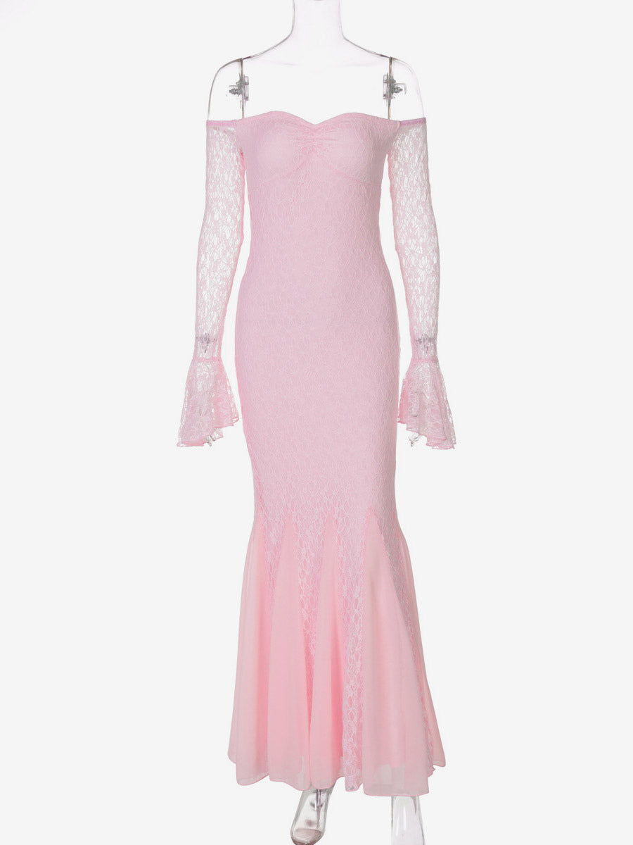 Party Dress Maxi Pink Off-The-Shoulder Lace Long Sleeves Pleated Chic Semi Formal Dress
