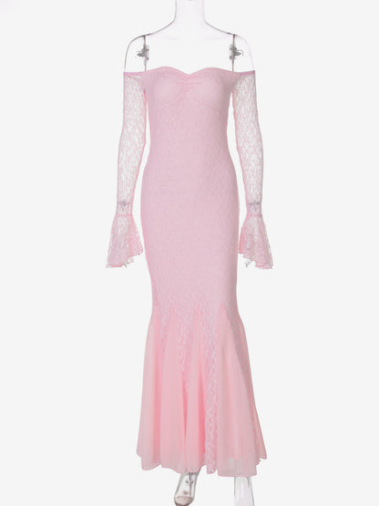 Party Dress Maxi Pink Off-The-Shoulder Lace Long Sleeves Pleated Chic Semi Formal Dress