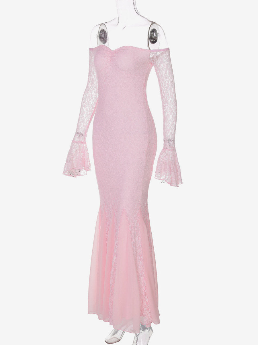 Party Dress Maxi Pink Off-The-Shoulder Lace Long Sleeves Pleated Chic Semi Formal Dress