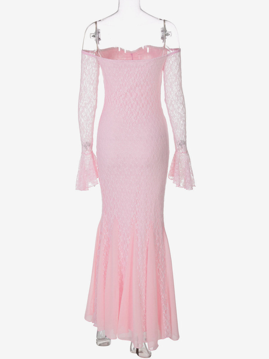 Party Dress Maxi Pink Off-The-Shoulder Lace Long Sleeves Pleated Chic Semi Formal Dress