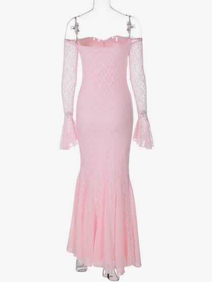 Party Dress Maxi Pink Off-The-Shoulder Lace Long Sleeves Pleated Chic Semi Formal Dress