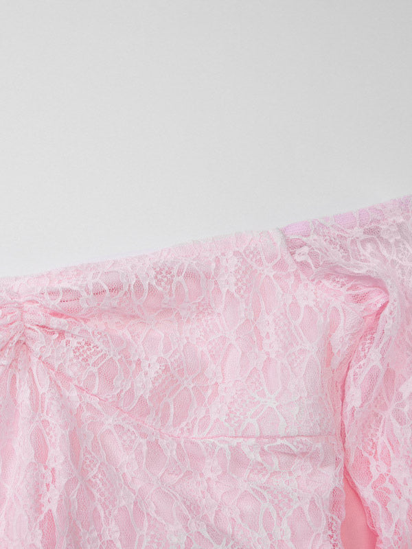 Party Dress Maxi Pink Off-The-Shoulder Lace Long Sleeves Pleated Chic Semi Formal Dress
