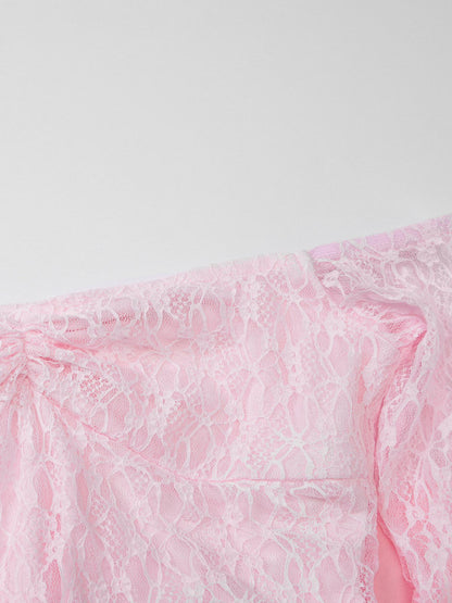 Party Dress Maxi Pink Off-The-Shoulder Lace Long Sleeves Pleated Chic Semi Formal Dress