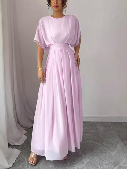 Party Dress Maxi Pink Jewel Neck Ruffles Half Sleeves Chic Semi Formal Dress