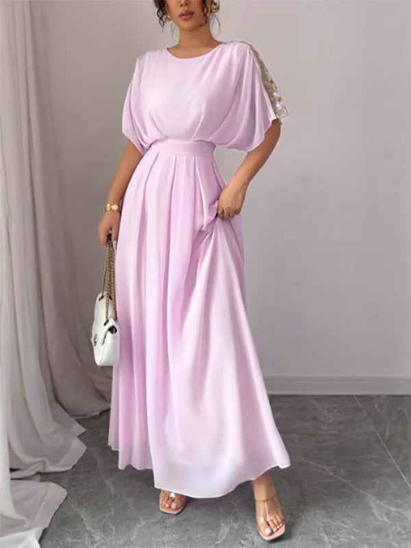 Party Dress Maxi Pink Jewel Neck Ruffles Half Sleeves Chic Semi Formal Dress