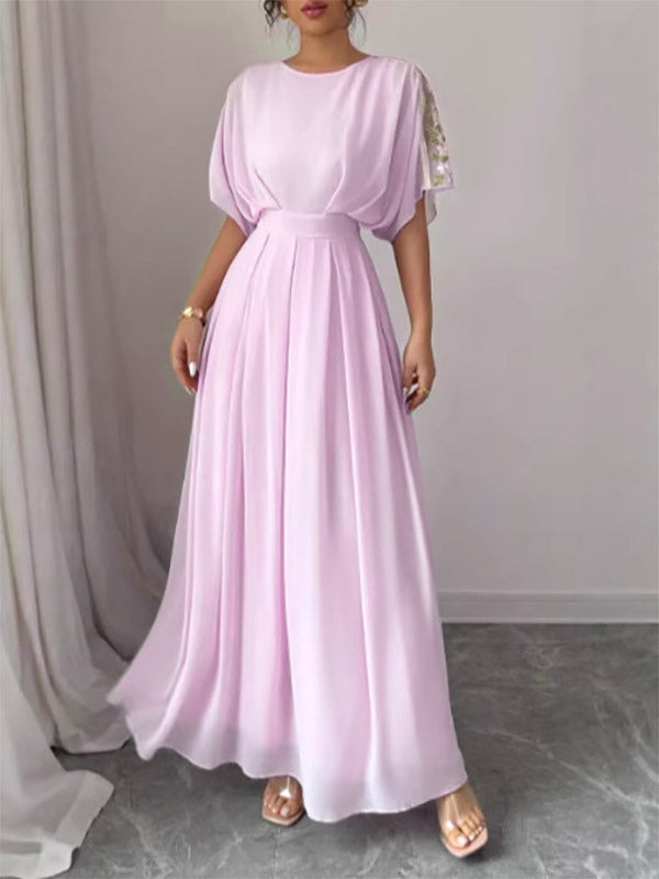 Party Dress Maxi Pink Jewel Neck Ruffles Half Sleeves Chic Semi Formal Dress