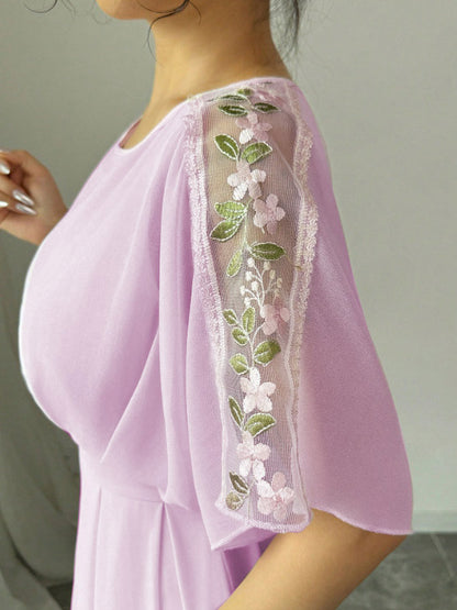 Party Dress Maxi Pink Jewel Neck Ruffles Half Sleeves Chic Semi Formal Dress