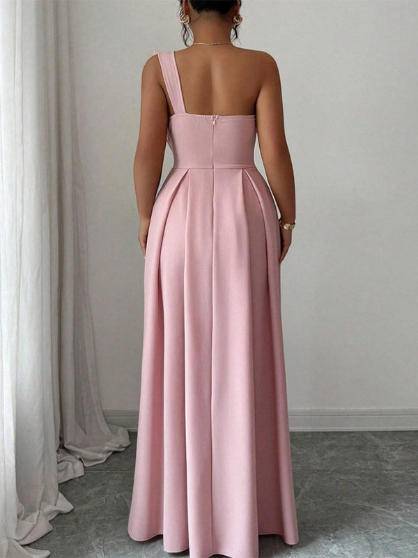Party Dress Maxi Light Sky Blue One-Shoulder Flowers Sleeveless Asymmetrical Sweet Semi Formal Dress