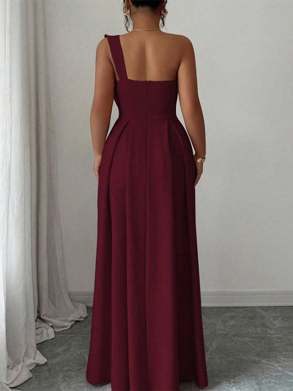 Party Dress Maxi Light Sky Blue One-Shoulder Flowers Sleeveless Asymmetrical Sweet Semi Formal Dress