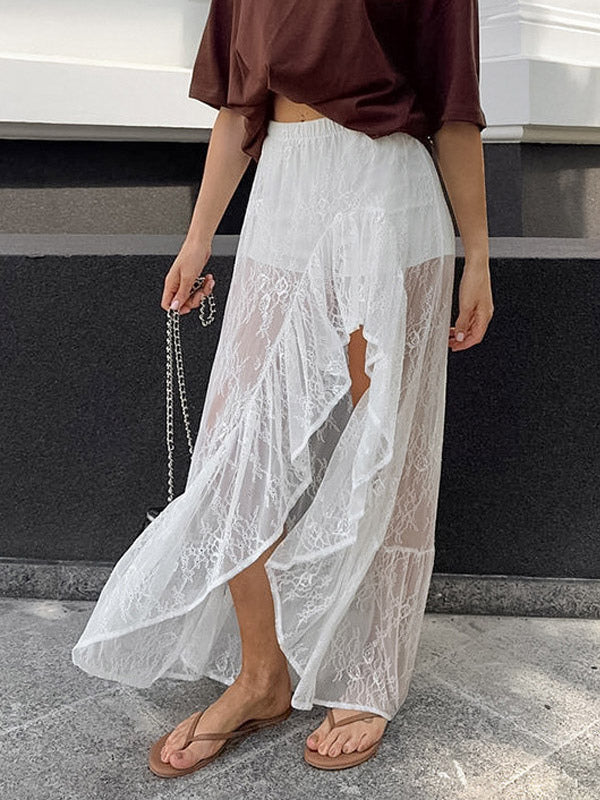 Skirts White Lace Elegant Irregular Knee Length Women's Bottoms
