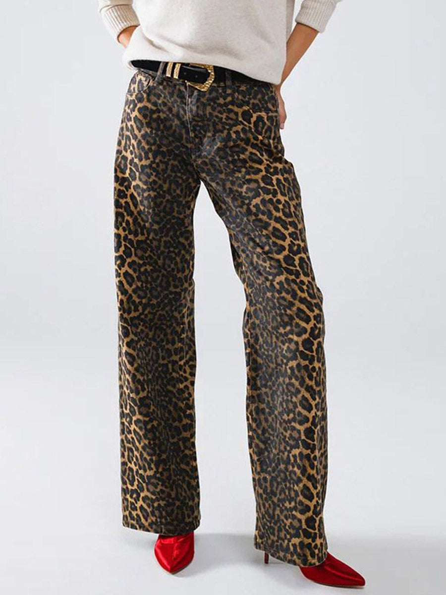 Pants Brown Raised Waist Leopard Print Trousers