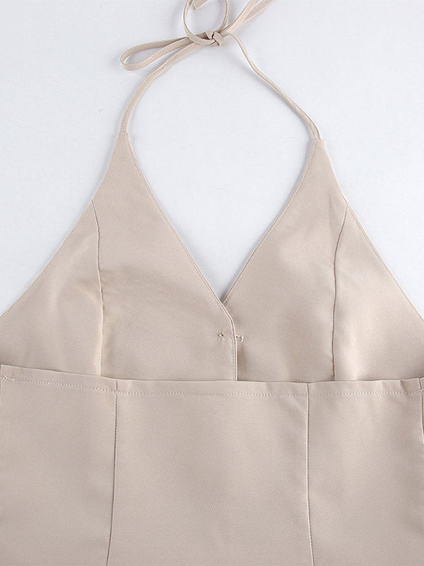 Two Piece Sets Khaki Chic Daily V-Neck Sleeveless Pant Set