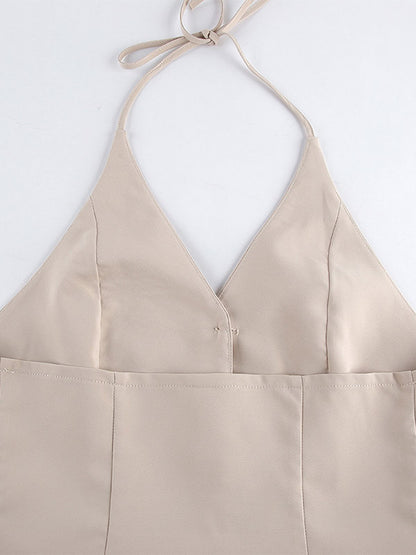 Two Piece Sets Khaki Chic Daily V-Neck Sleeveless Pant Set