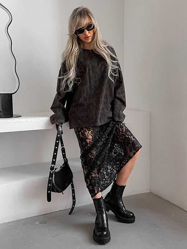 Bottom Sheer Black Cut Out Lace Raised Waist Skirt
