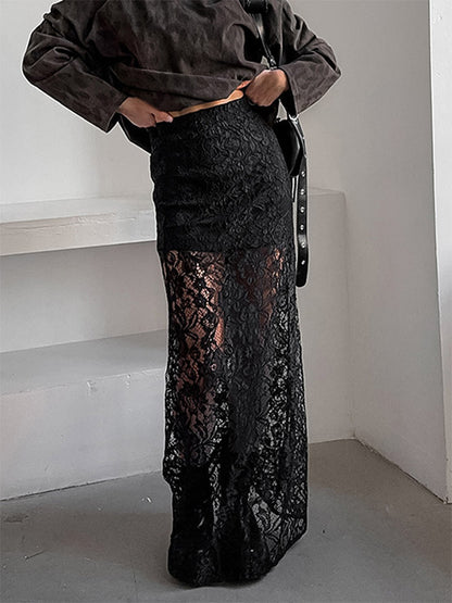 Bottom Sheer Black Cut Out Lace Raised Waist Skirt