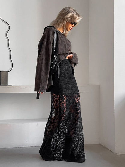 Bottom Sheer Black Cut Out Lace Raised Waist Skirt