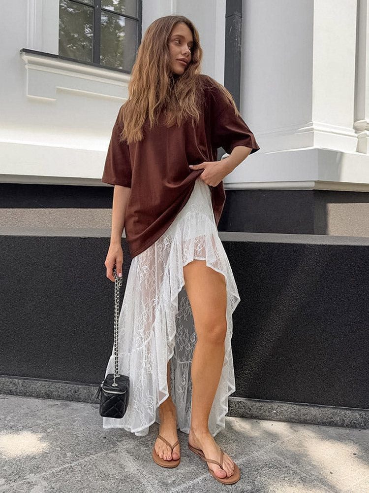 Skirts White Lace Elegant Irregular Knee Length Women's Bottoms