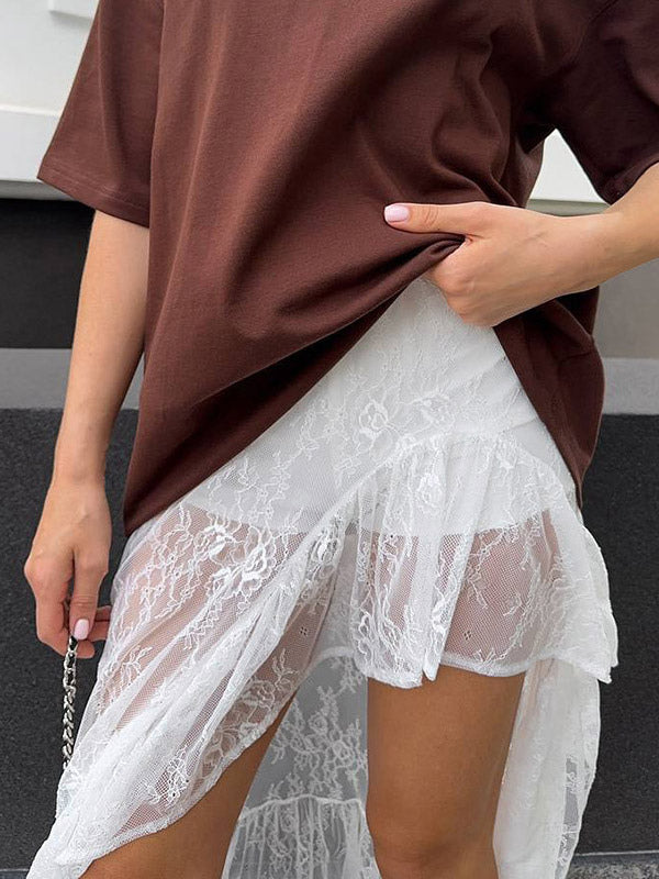 Skirts White Lace Elegant Irregular Knee Length Women's Bottoms