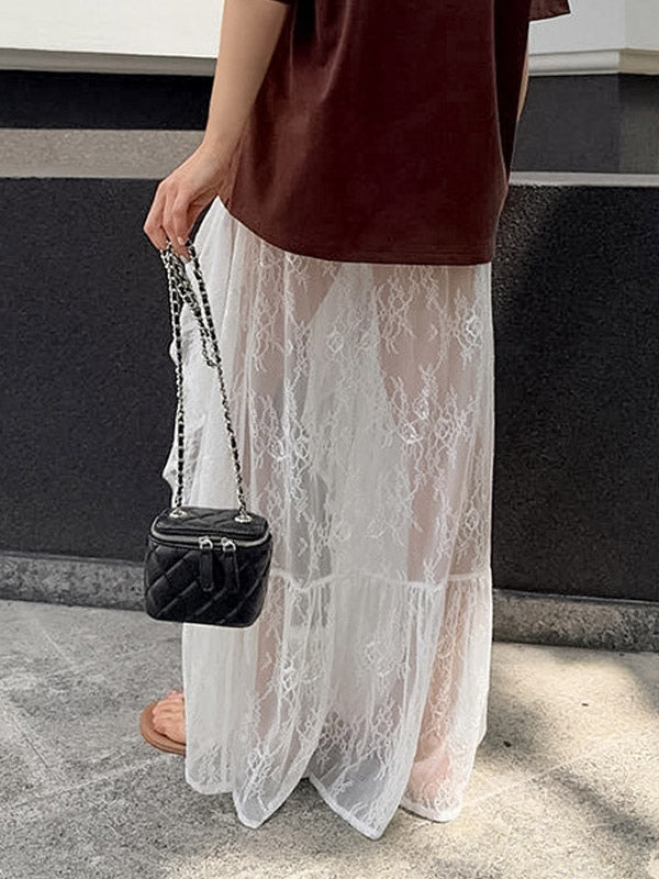 Skirts White Lace Elegant Irregular Knee Length Women's Bottoms