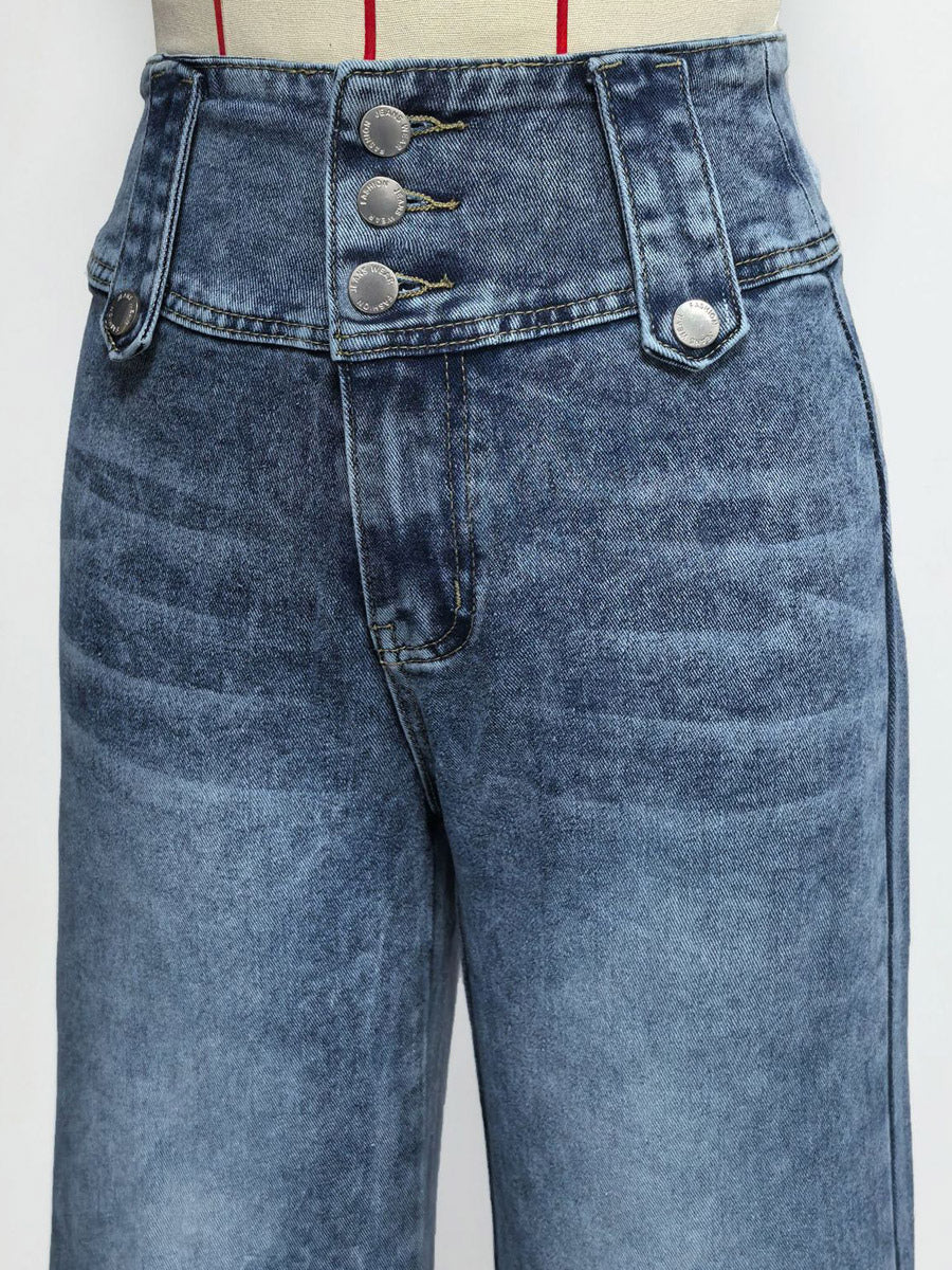 Jeans Women's Wide Sexy Cotton Casual Buttons Bottoms