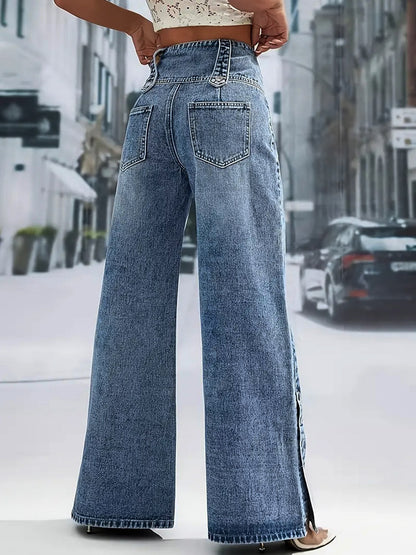 Jeans Women's Wide Sexy Cotton Casual Buttons Bottoms