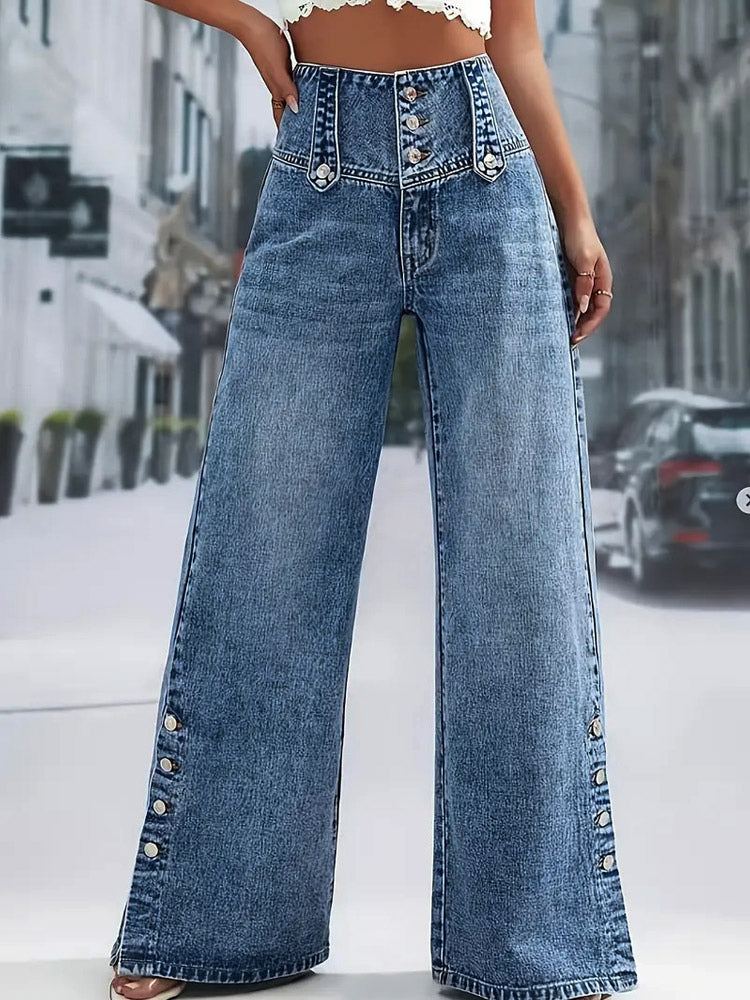 Jeans Women's Wide Sexy Cotton Casual Buttons Bottoms