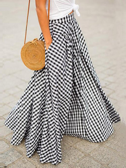 Skirts Black Plaid Casual Summer Long Women's Bottoms