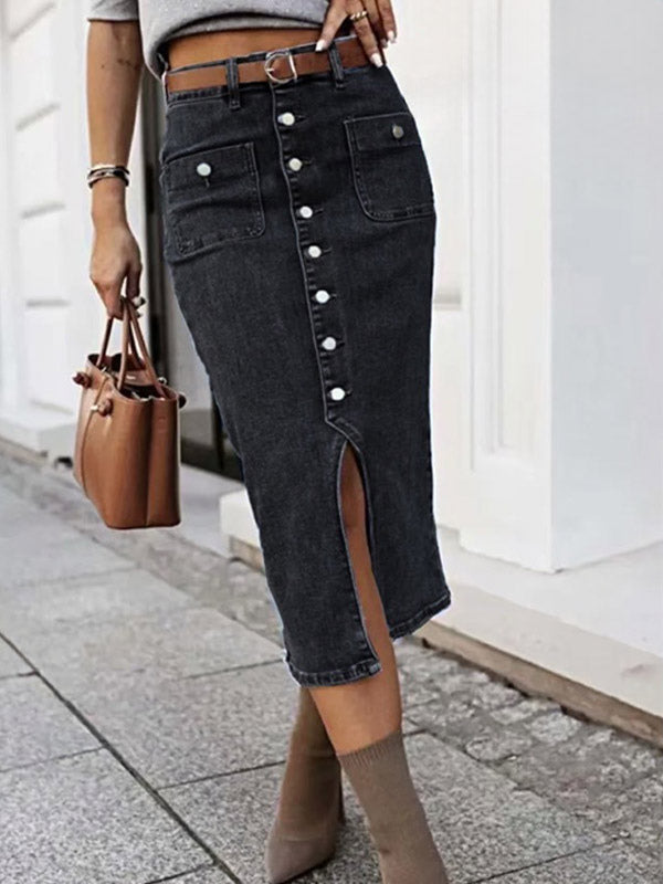 Skirts Gray Denim Casual Summer Mid-calf Length Women's Bottoms
