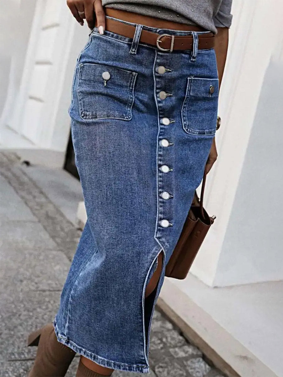 Skirts Gray Denim Casual Summer Mid-calf Length Women's Bottoms