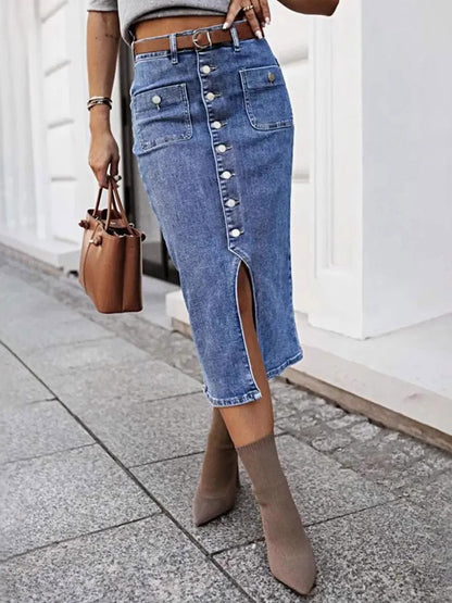 Skirts Gray Denim Casual Summer Mid-calf Length Women's Bottoms