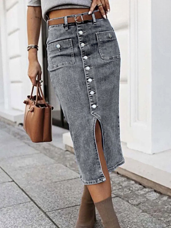 Skirts Gray Denim Casual Summer Mid-calf Length Women's Bottoms