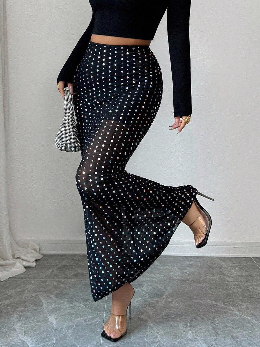 Skirts Black Raised Waist Polka Dot Elegant Long Women's Bottoms