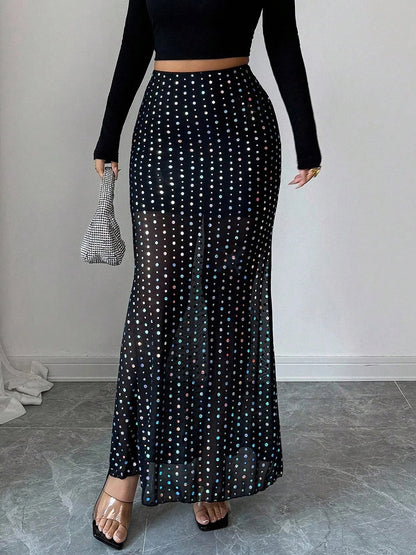 Skirts Black Raised Waist Polka Dot Elegant Long Women's Bottoms